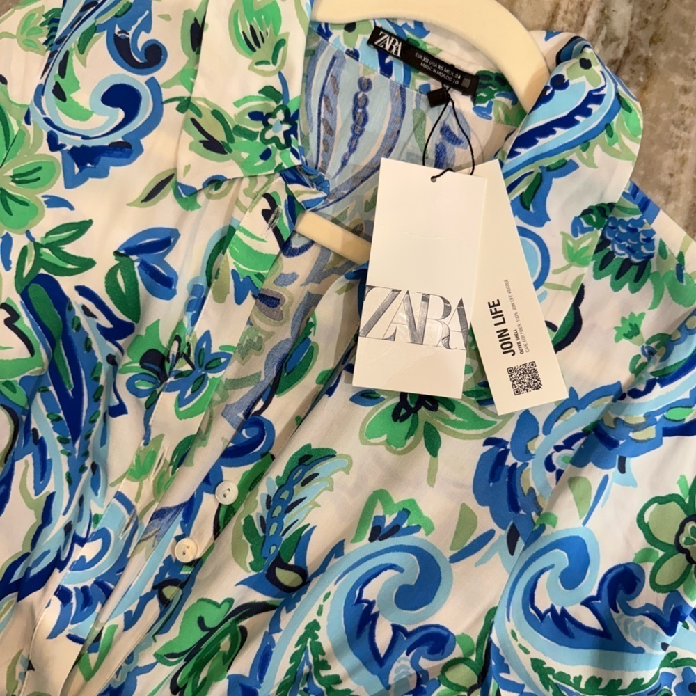 NWT Women’s ZARA Blue/Green paisley cutout midi button down dress- Size XS - Picture 11 of 11